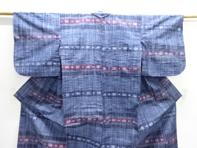  横段に抽象模様織り出し手織り紬単衣着物